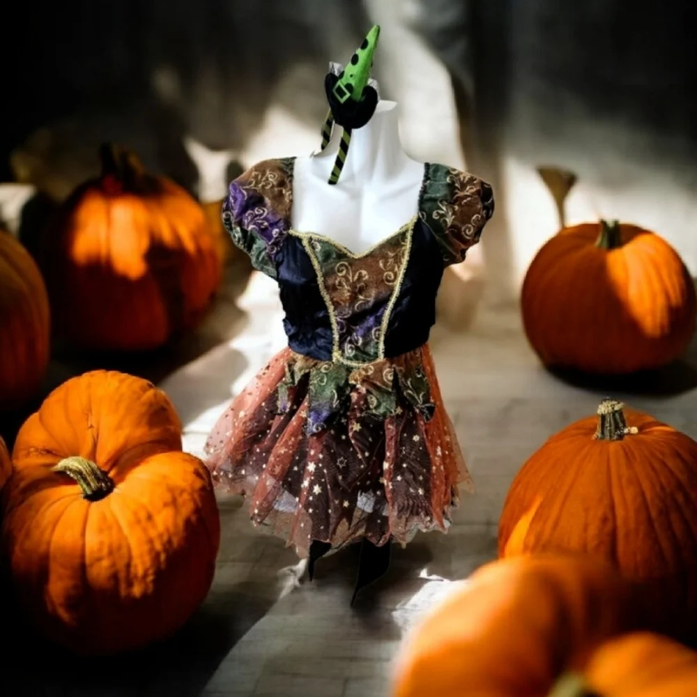 Pretty Witch Hallowern Dress W Hat That Lights Up 4-6 Girls Colorful